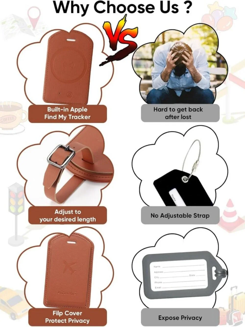 Luxury Leather Luggage Tags with Anti-Loss Tracker for Travel Bags & Suitcases